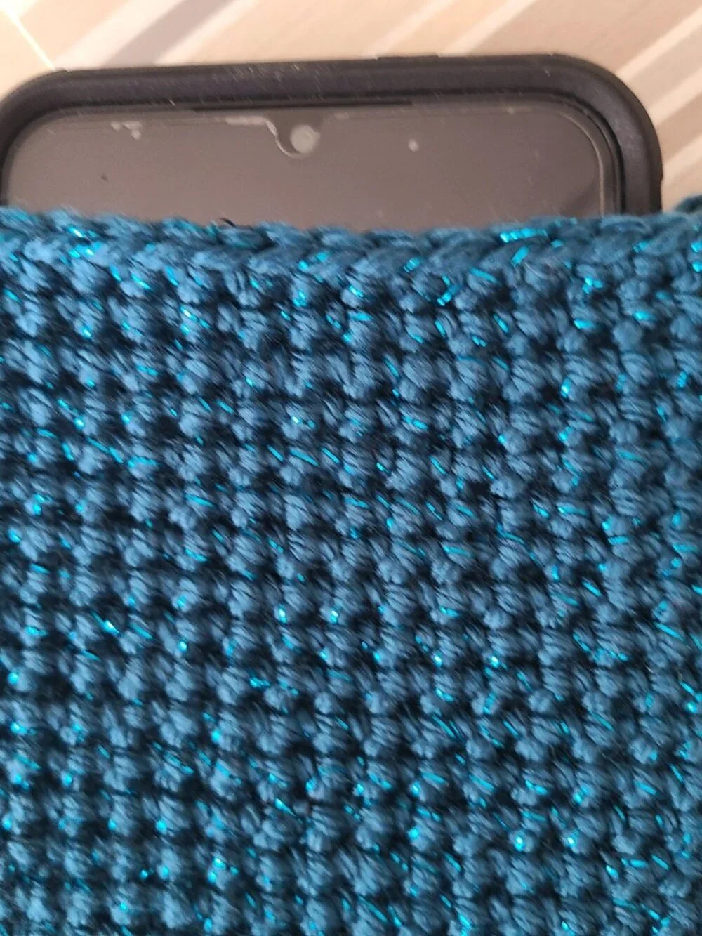 Hand Crochet Cell Phone Case Holder Crossbody Bag with Key Chain Teal Sparkling